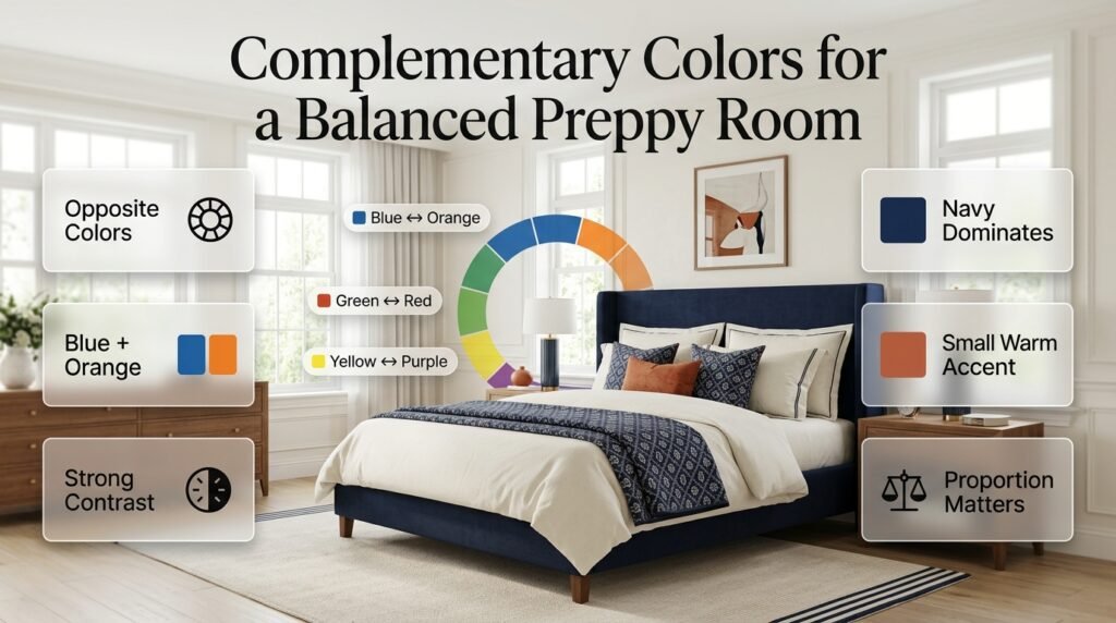 Preppy room using navy with a small terracotta accent to demonstrate complementary color contrast and balanced proportions