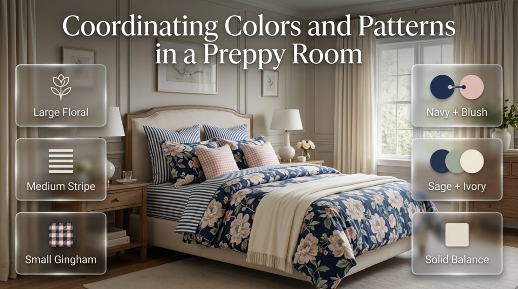 Preppy room combining navy, blush, sage and ivory patterns with floral, stripe, gingham and solid textiles for visual harmony