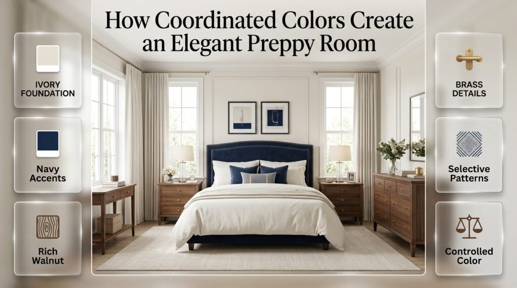 Elegant preppy room using ivory, navy, walnut and brass with restrained patterns, textures and carefully controlled color accents
