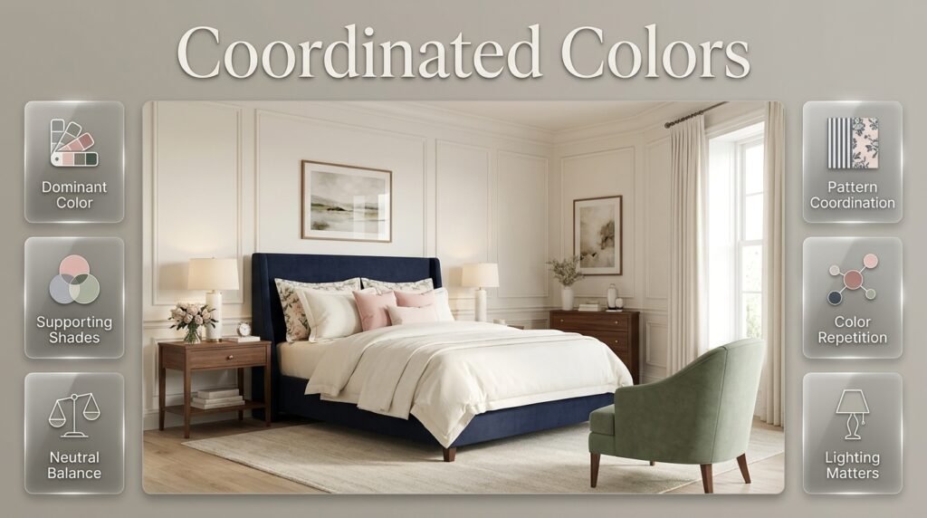 Preppy room showing coordinated navy, dusty blue, powder blue, sage, olive, and white shades without exact color matching