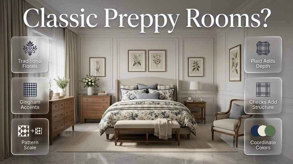 Classic preppy room featuring floral cushions, plaid, gingham, and checked patterns coordinated with navy, cream, green, and neutral decor