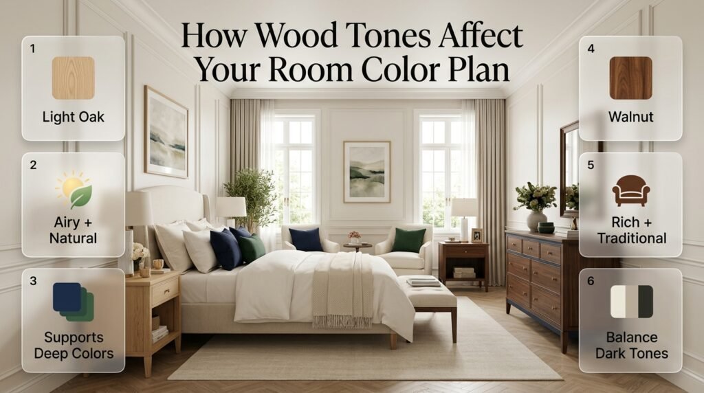 Preppy room showing how light oak and rich walnut furniture influence navy, green, ivory and coordinated interior colors