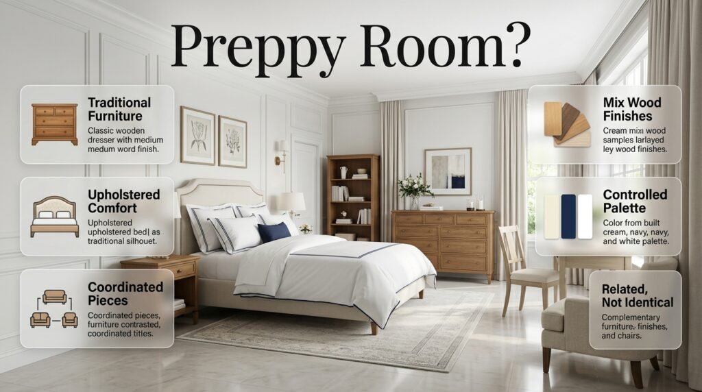 Classic preppy room featuring traditional furniture, upholstered bed, wooden dresser, mixed wood finishes, and coordinated navy and white decor