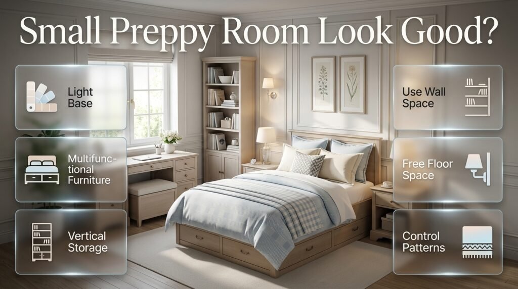 Small preppy room with multifunctional furniture, vertical storage, light colors, controlled patterns, and space-saving bedroom design
