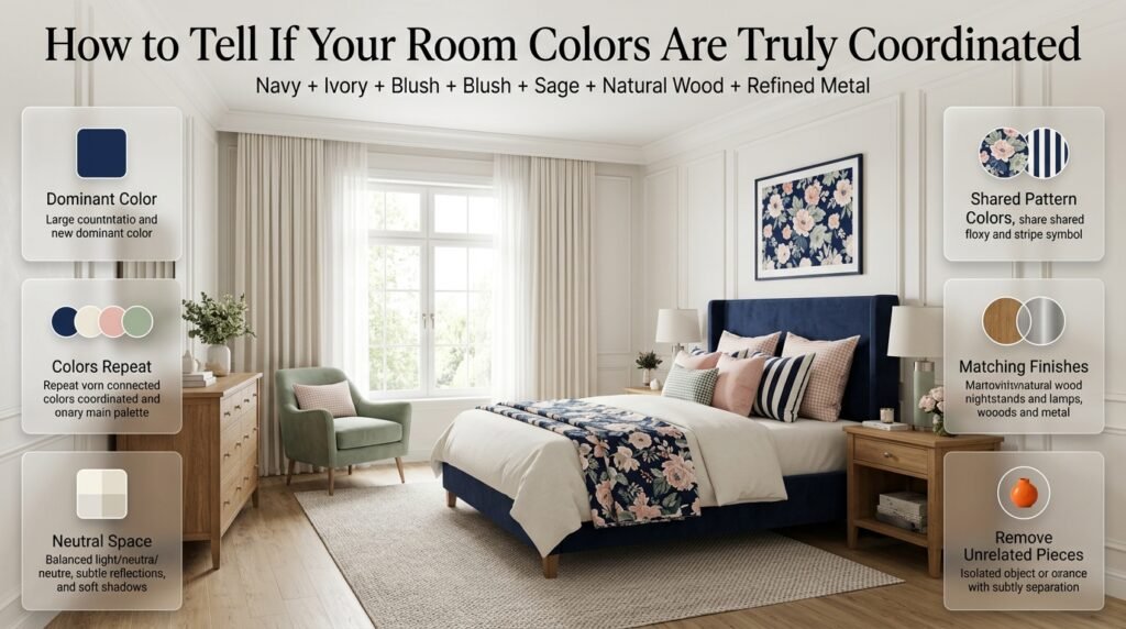 Preppy bedroom color coordination test showing dominant colors, repeated shades, neutral space, patterns, wood and metal finishes