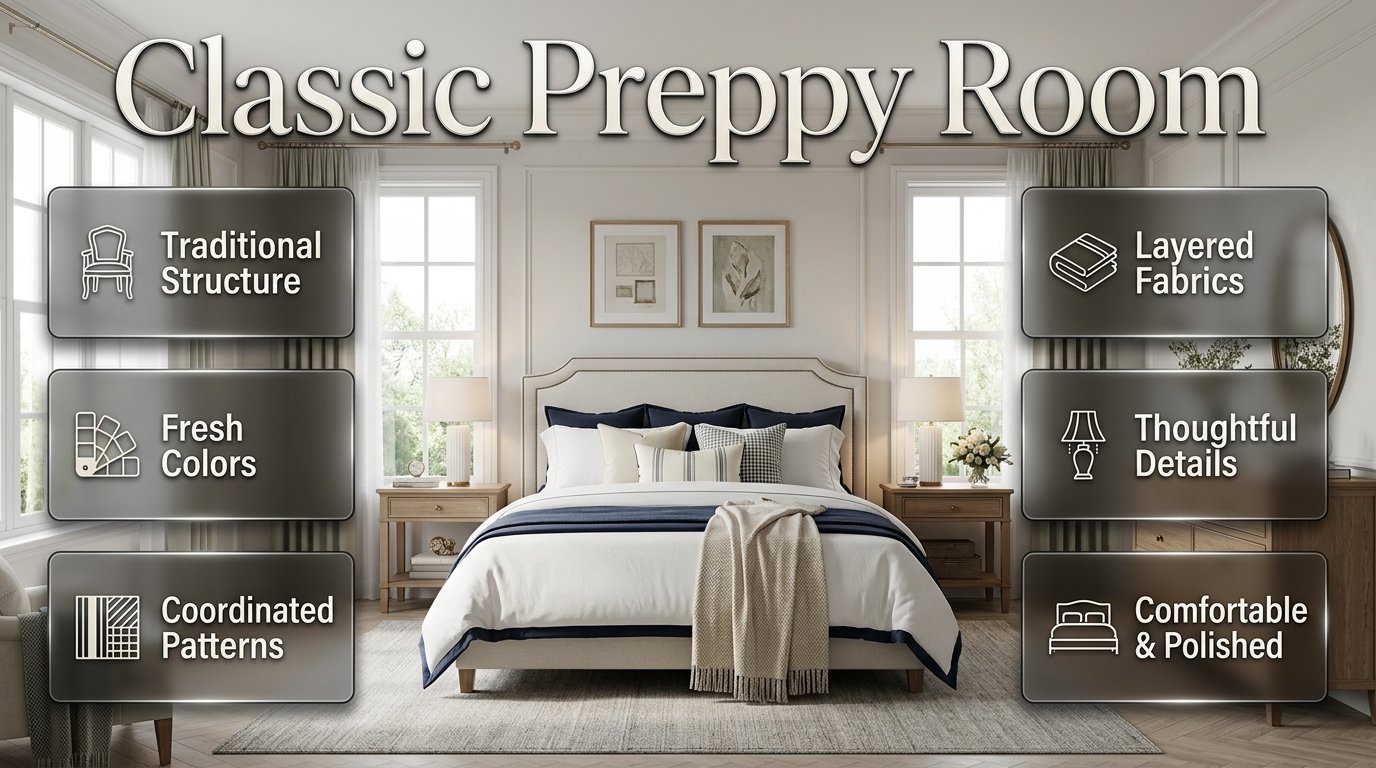 Classic preppy room with navy and white bedding, traditional furniture, elegant patterns, layered fabrics, and polished decor Classic Preppy Room Ideas for Timeless Interior Style