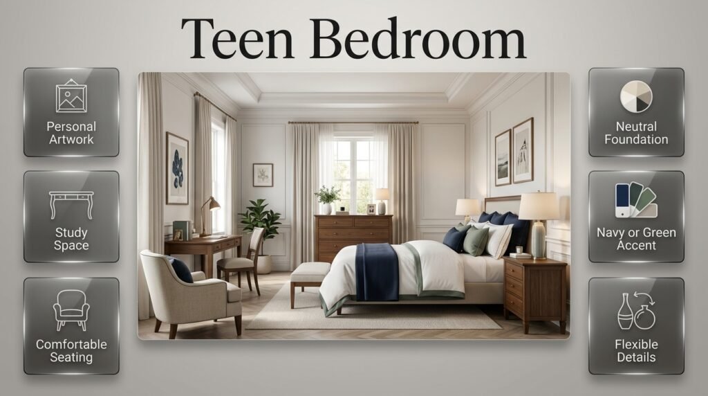 Classic preppy youth and guest bedrooms with neutral foundations, personal decor, layered bedding, comfortable seating, and navy accents