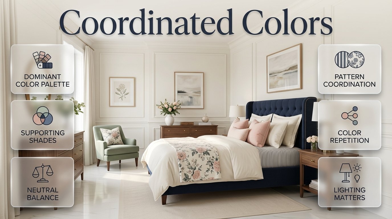 Coordinated colors in a stylish preppy room with navy, blush, sage, ivory, patterns, and elegant furniture Coordinated Colors for a Stylish Preppy Room