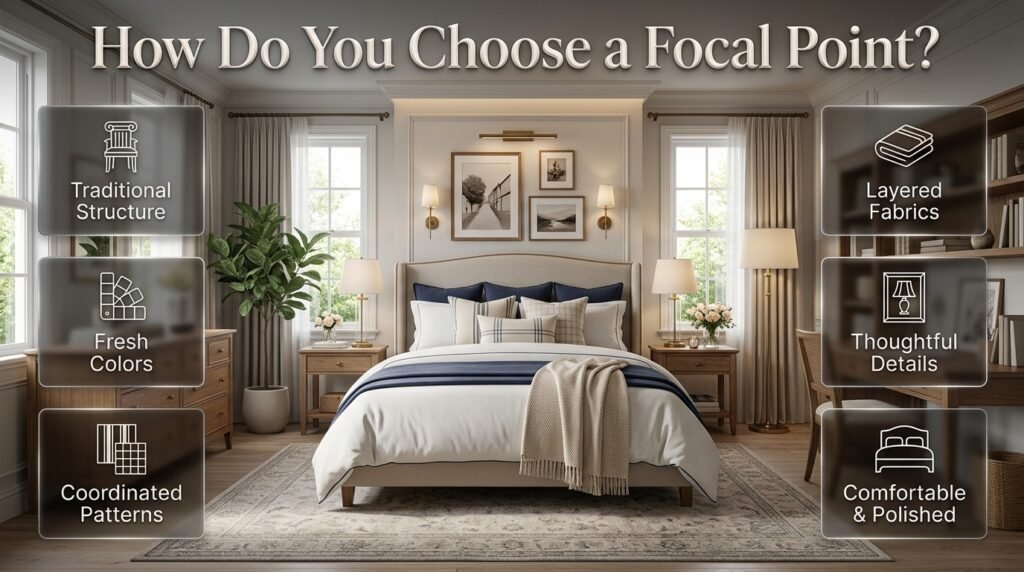Classic preppy bedroom with a focal bed, elegant headboard, symmetrical nightstands, matching lamps, artwork, and balanced decor