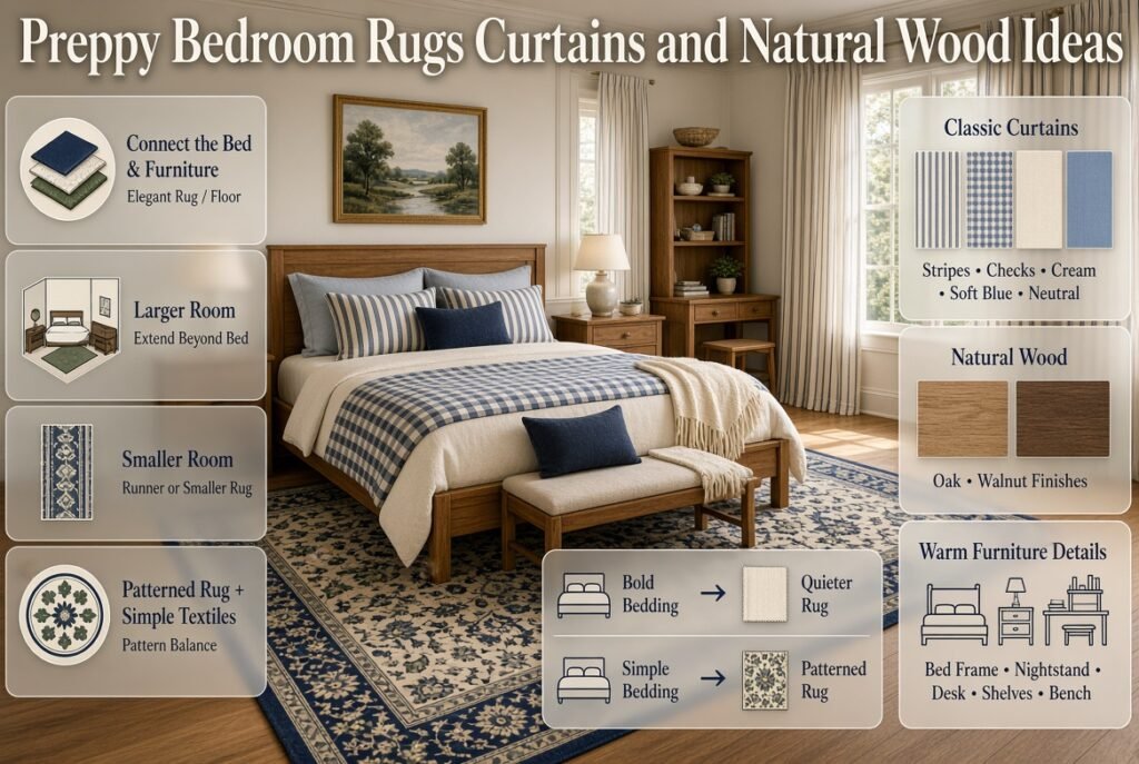 Preppy bedroom with a layered rug, classic curtains, natural wood furniture, patterned textiles, and balanced decor