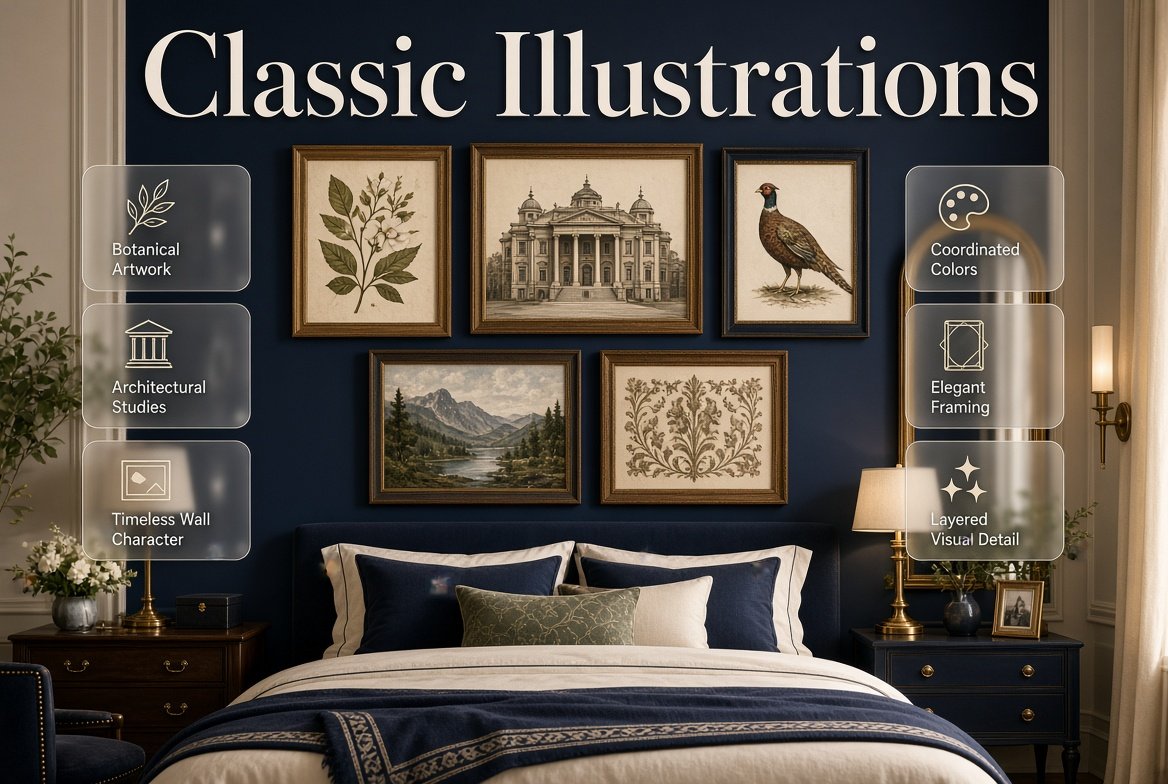 Classic illustrations displayed in a stylish preppy room with traditional frames, coordinated colors, and elegant wall decor Classic Illustrations for Preppy Room Wall Decor