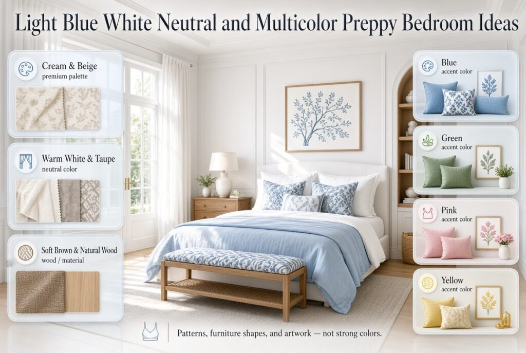 Fresh preppy bedroom featuring light blue and white, neutral tones, natural wood, and coordinated multicolor accents