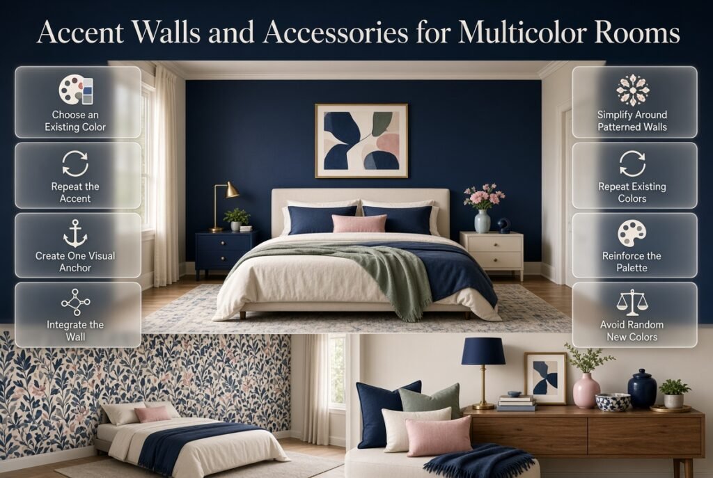 Multicolor room with a navy accent wall, coordinated bedding, artwork, cushions, lamps, and matching decorative accessories