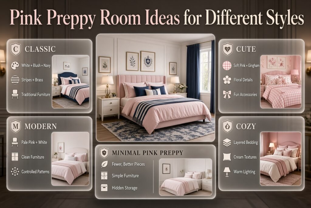 Pink preppy bedroom showcasing classic, modern, cute, cozy, and minimal decorating styles with coordinated colors and patterns