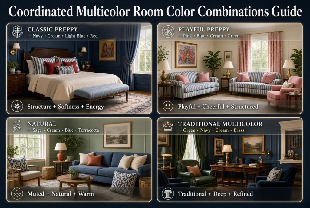 Four coordinated multicolor room palettes featuring navy, cream, pink, blue, sage, terracotta, green, and brass accents