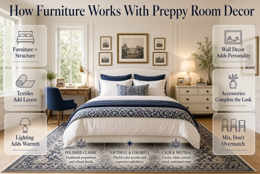 Preppy room furniture layered with textiles, lighting, wall decor, and accessories for a balanced and personalized interior
