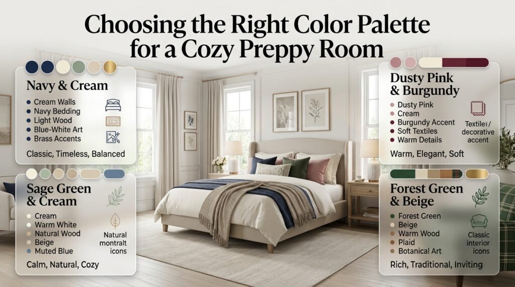 Cozy preppy room showcasing navy cream sage pink and forest green color palettes with elegant layered interior decor