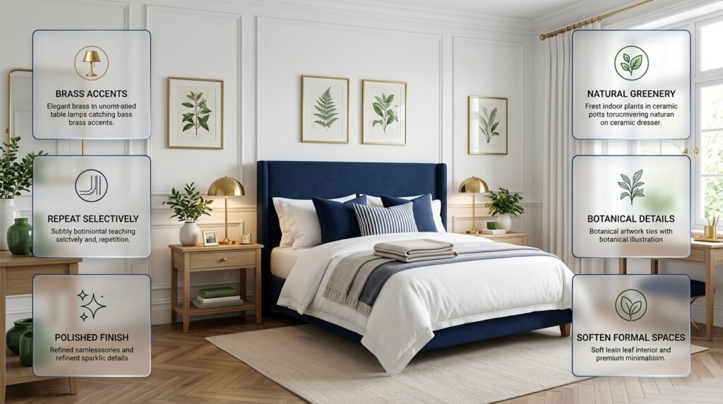 Navy and white preppy room with polished brass accents, natural greenery, botanical decor, and elegant classic furnishings