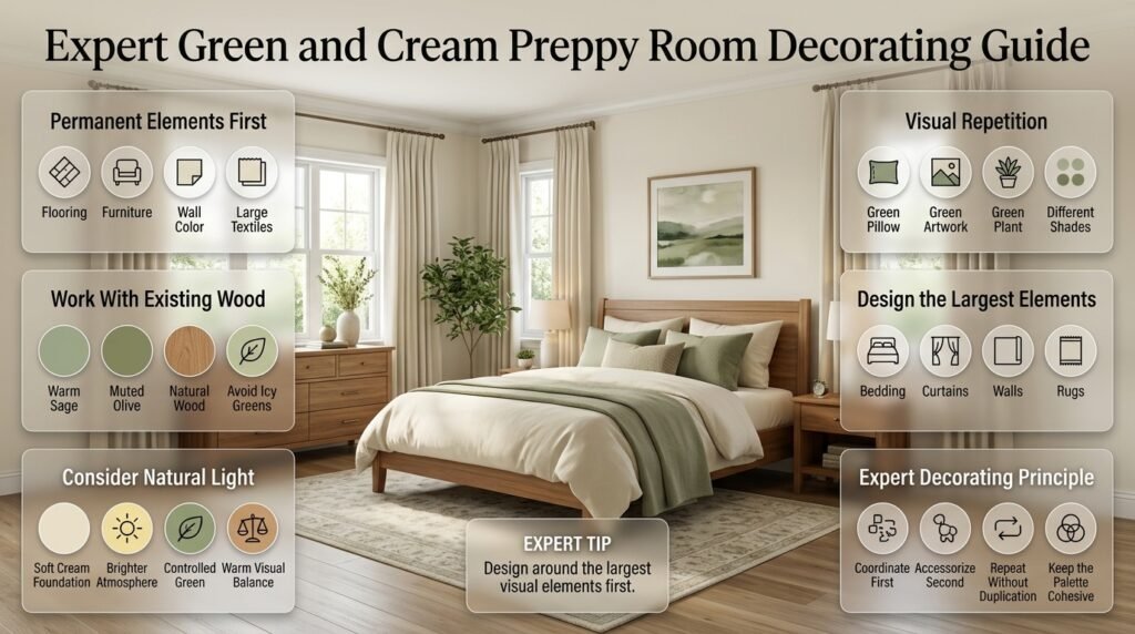 Green and cream preppy bedroom with warm wood furniture, sage accents, soft cream walls, layered textiles, and balanced decor.