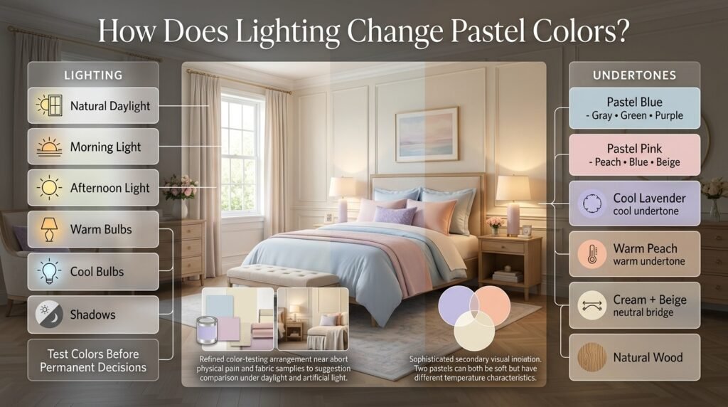 Pastel preppy bedroom showing how natural light, warm bulbs, shadows, and undertones affect blue, pink, lavender, cream, and peach shades.