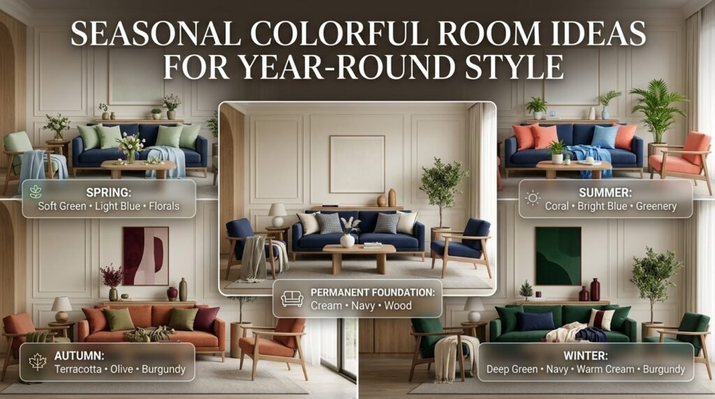 Colorful room with a cream, navy, and wood foundation refreshed through seasonal green, blue, coral, and burgundy accents