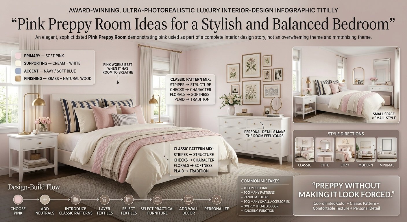 Pink Preppy Room with blush walls, layered bedding, classic patterns, coordinated colors, elegant furniture, and personalized décor. Pink Preppy Room Ideas for a Stylish and Balanced Bedroom