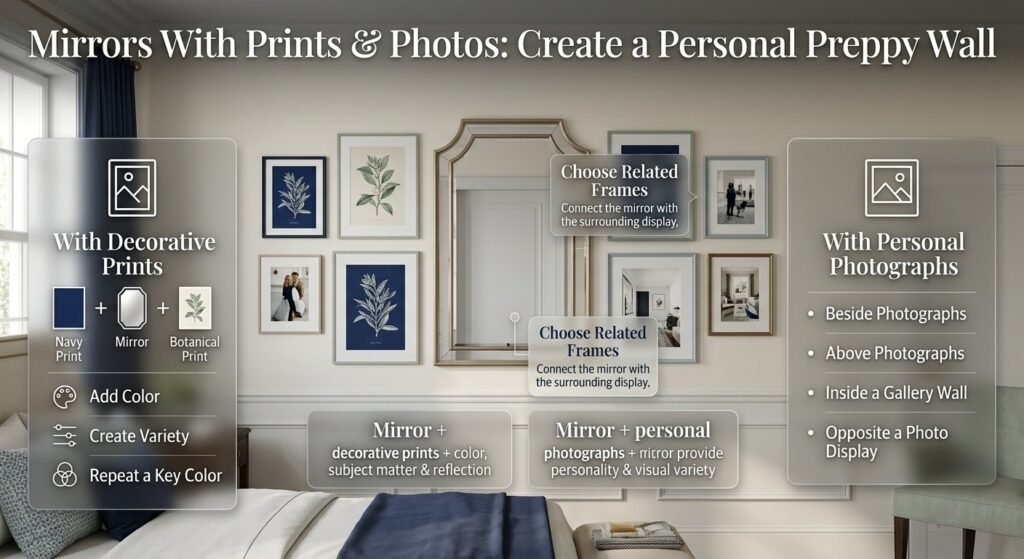 Preppy gallery wall combining a mirror with decorative prints and personal photographs in coordinated frames and colors