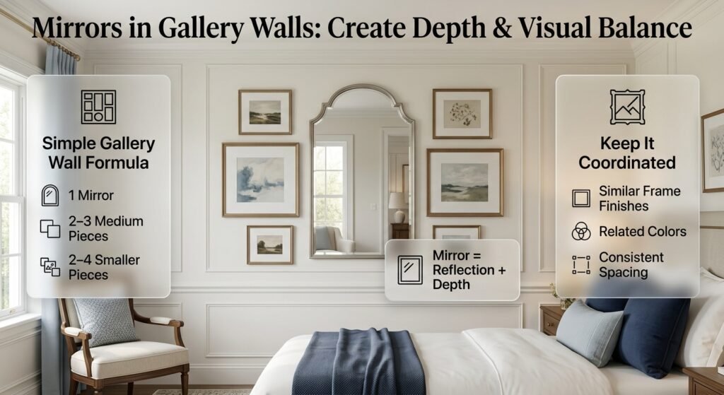 Preppy gallery wall with a central mirror, framed artwork, coordinated colors, varied sizes, and balanced spacing for added visual depth