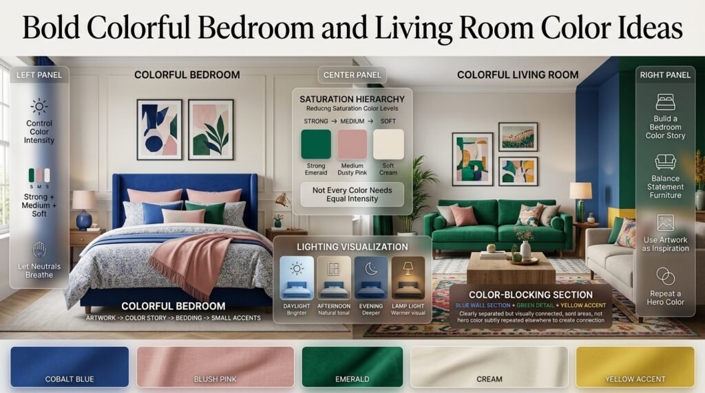 Bold colorful bedroom and living room ideas using emerald, cobalt blue, blush pink, cream, colorful furniture, bedding, rugs, and artwork