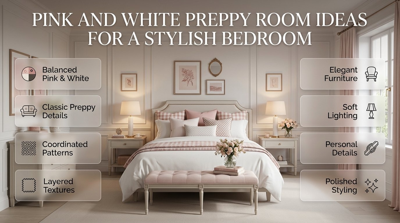Elegant pink and white preppy room with classic furniture, patterned bedding, soft lighting, and polished decorative details. Pink and White Preppy Room Ideas for a Stylish Bedroom