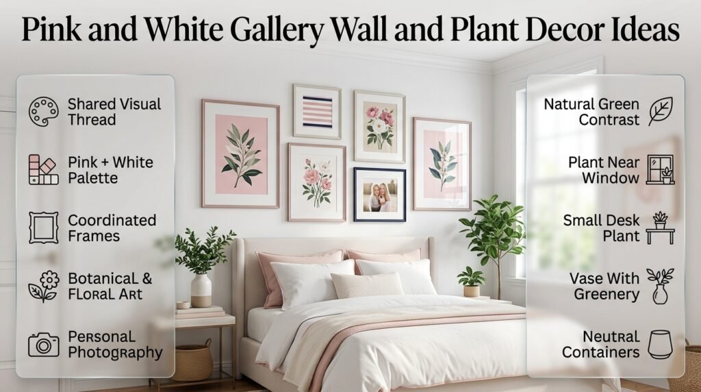 Pink and white preppy room with coordinated gallery wall artwork, botanical prints, green plants, and neutral decorative containers.