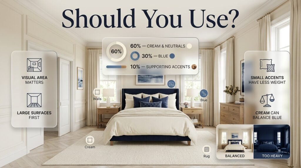 Blue and cream preppy bedroom showing 60-30-10 color balance with cream surfaces, navy furniture, blue accents, and wood tones