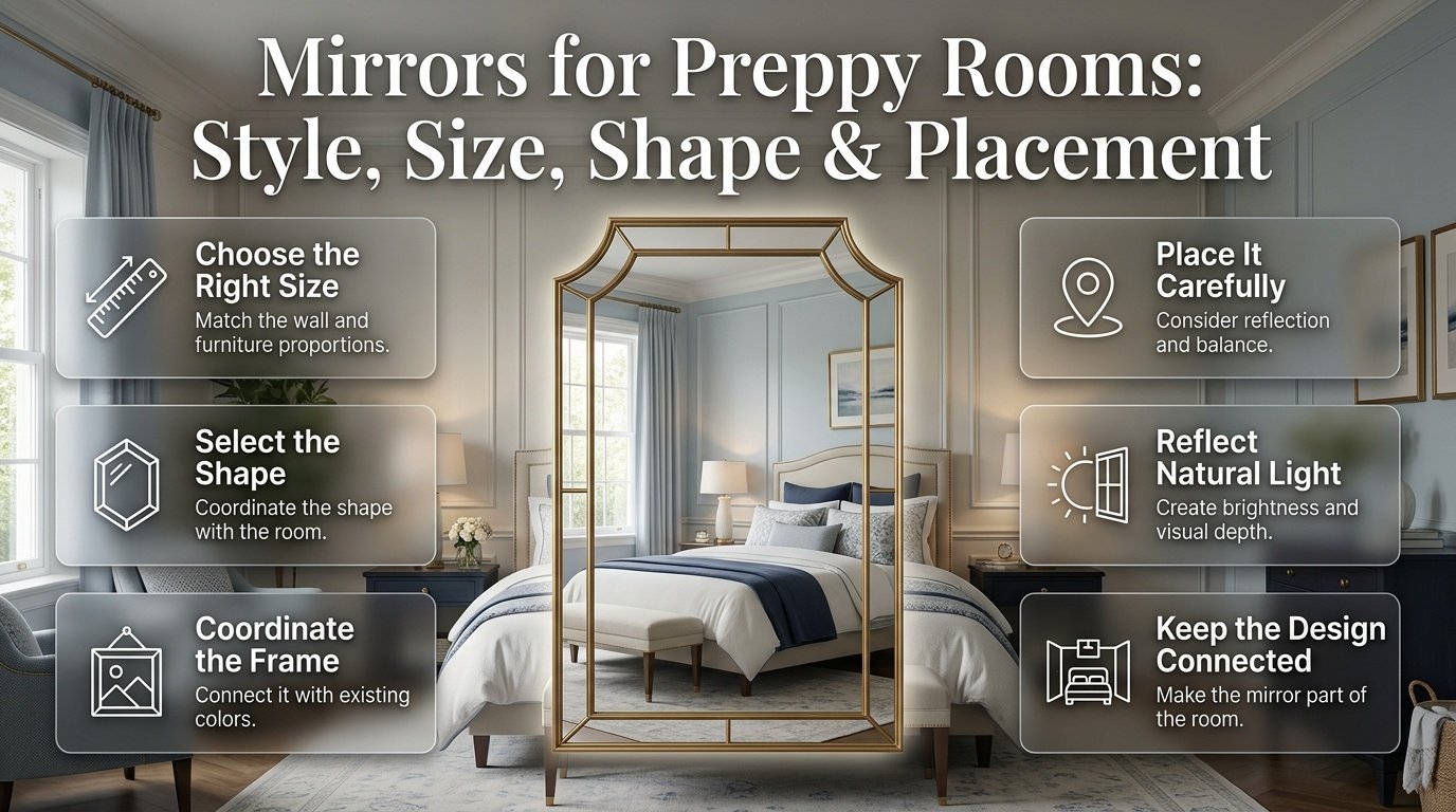 Elegant preppy room mirror showing coordinated styling, natural light, balanced proportions, decorative frame, and polished bedroom design Mirrors for Preppy Rooms: Style, Size, Shape & Placement