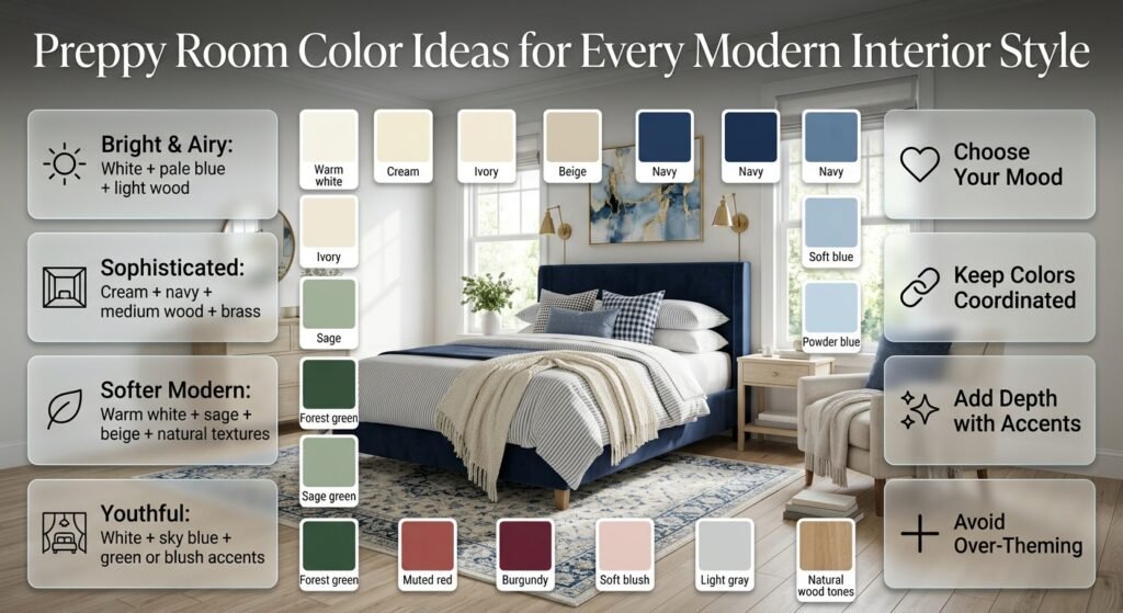 Preppy room color palette featuring navy, cream, soft blue, sage, beige, blush, and natural wood tones for modern interiors.