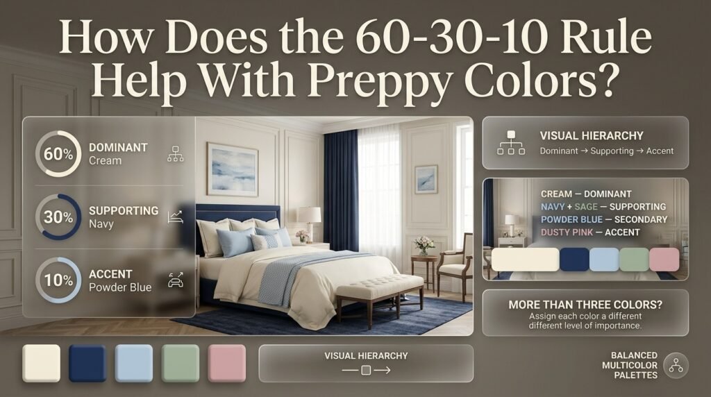 60-30-10 rule showing cream, navy, and powder blue balanced across a sophisticated preppy room with layered accents