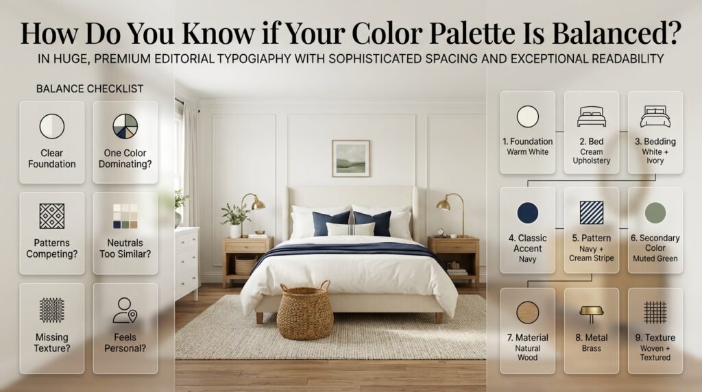 Balanced neutral preppy bedroom with warm white walls, cream bed, navy accents, muted green, natural wood, brass lamps, and layered textures.