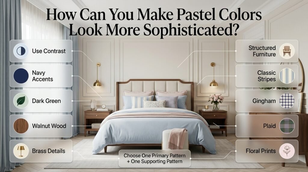Sophisticated pastel preppy bedroom with navy accents, brass details, stripes, gingham, plaid and floral patterns.