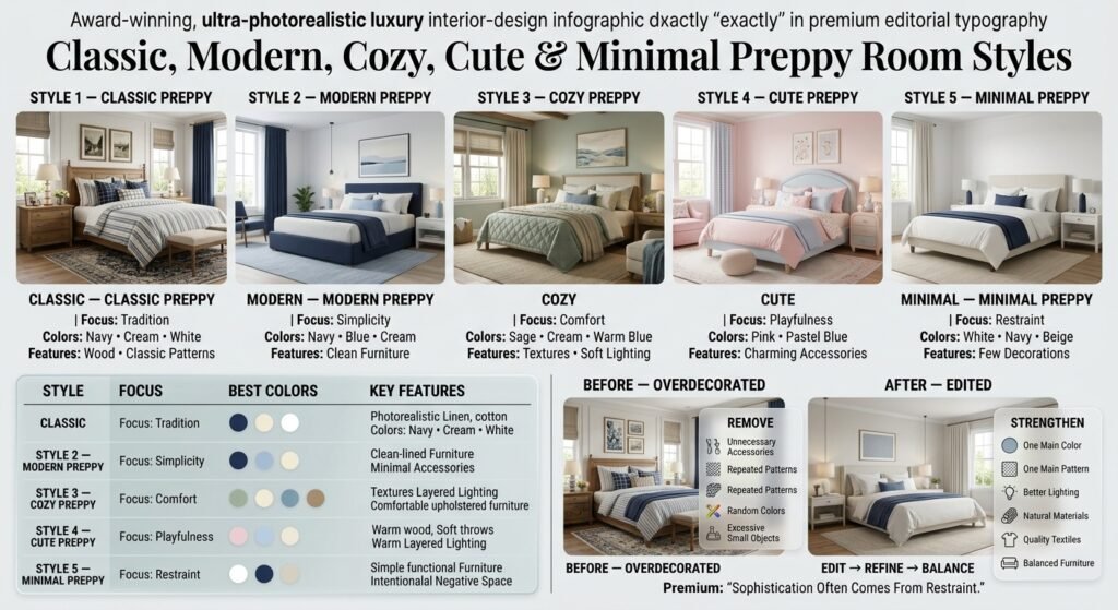 Preppy room style comparison featuring classic, modern, cozy, cute, and minimal designs with distinct colors, furniture, textures, and decor.