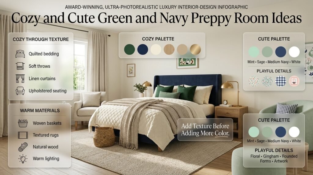 Cozy green and navy preppy bedroom with cream textiles, warm lighting, natural wood, sage accents, gingham, and rounded furniture.