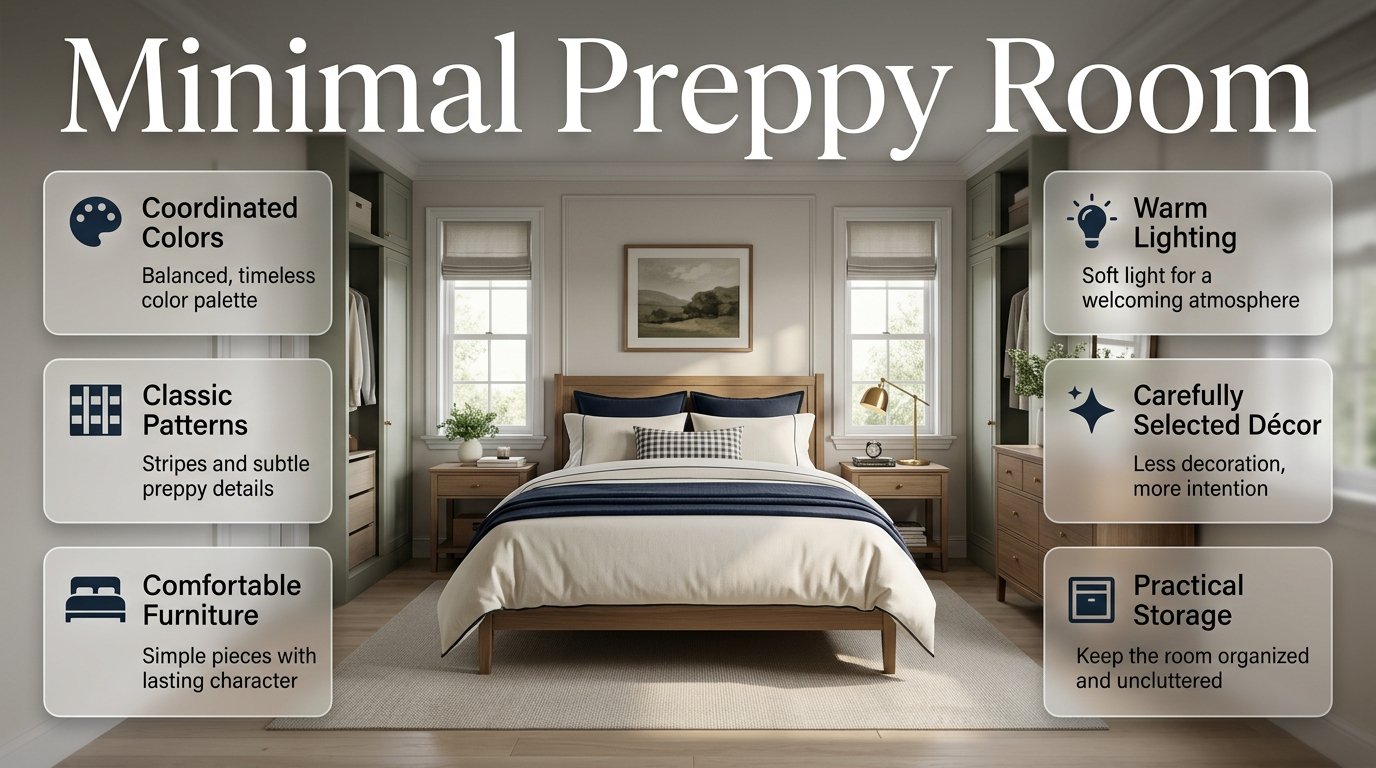 Minimal preppy room with classic colors, crisp bedding, subtle patterns, warm lighting, and organized stylish interior design. Minimal Preppy Room: Clean, Classic & Stylish Interior