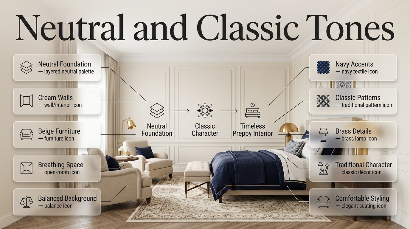 Elegant preppy interior with cream walls, navy bedding, beige furniture, patterned rug, brass accents, and classic neutral tones. Neutral and Classic Tones for Timeless Preppy Interiors