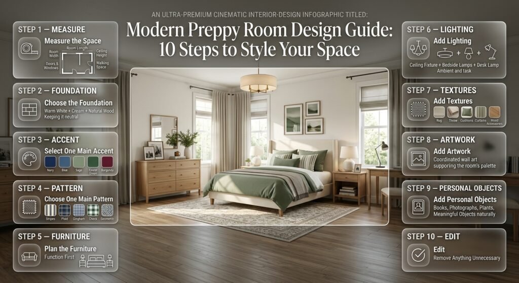 Modern preppy room design process showing 10 steps from measuring space and choosing colors to adding textures, artwork, and personal objects.
