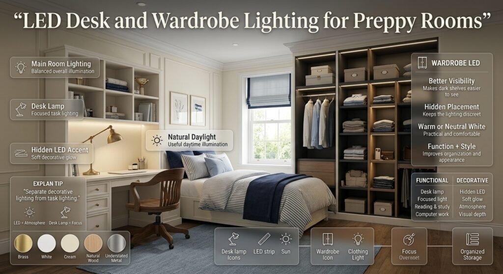 Preppy room with LED desk and wardrobe lighting, featuring a brass desk lamp, hidden warm LEDs, organized storage, and classic decor.
