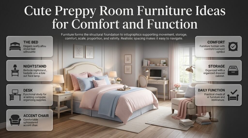 Cute preppy room with practical bed, nightstand, study desk, accent chair, storage, and coordinated furniture for daily use.