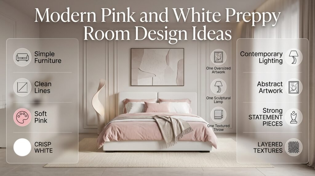 Modern pink and white preppy room featuring clean furniture, blush bedding, curved lighting, abstract artwork, and layered textures.