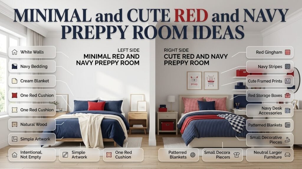 Minimal and cute red and navy preppy room featuring navy bedding, cream accents, gingham pillows, and neutral furniture.