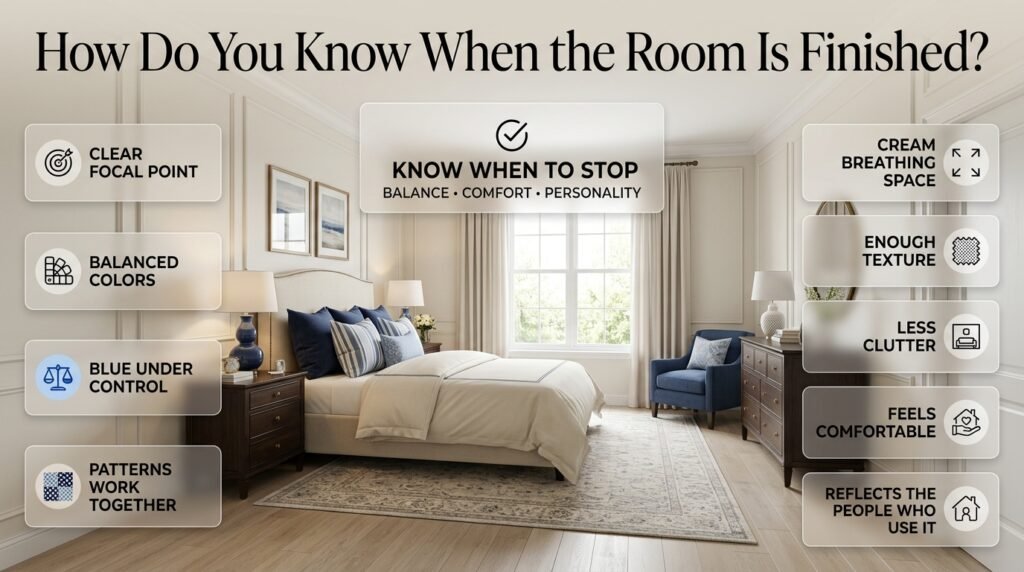 Blue and cream preppy bedroom with balanced colors, layered textures, a clear focal point, and uncluttered finishing touches