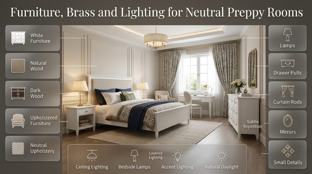 Classic preppy room with white and natural wood furniture, brass accents, neutral upholstery, layered lighting, cream and navy tones.
