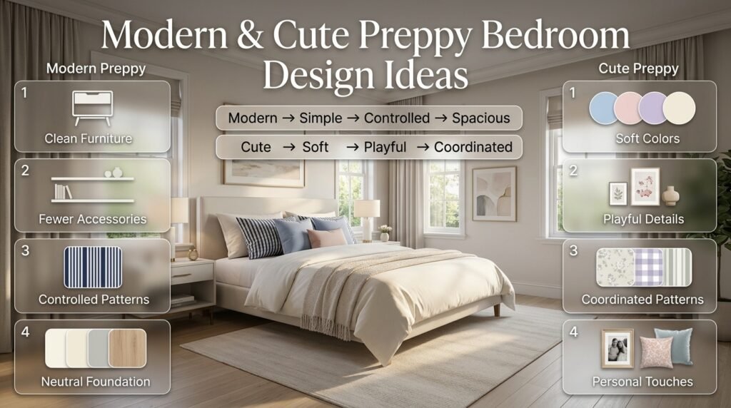 Modern and cute preppy bedroom with clean furniture, soft colors, controlled patterns, cozy bedding, and playful decor