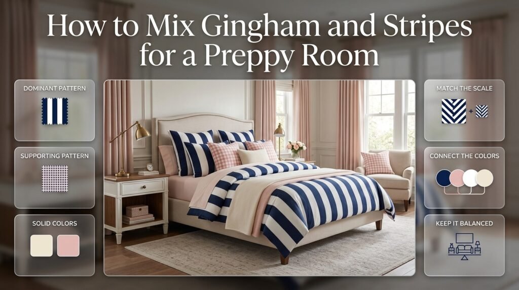 Preppy room showing balanced navy stripes, pink gingham, cream solids, and pattern hierarchy for a polished coordinated look.